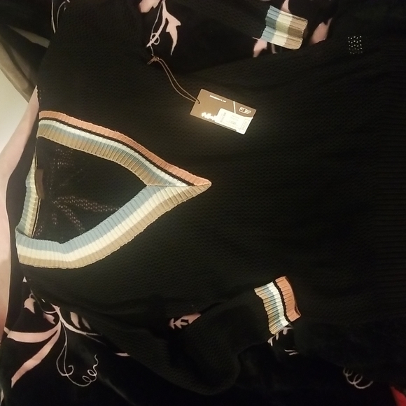 Nordstrom's KERISMA Rica Black Mesh Sheer Top. Earth Tones accent V-Neck - Picture 2 of 15